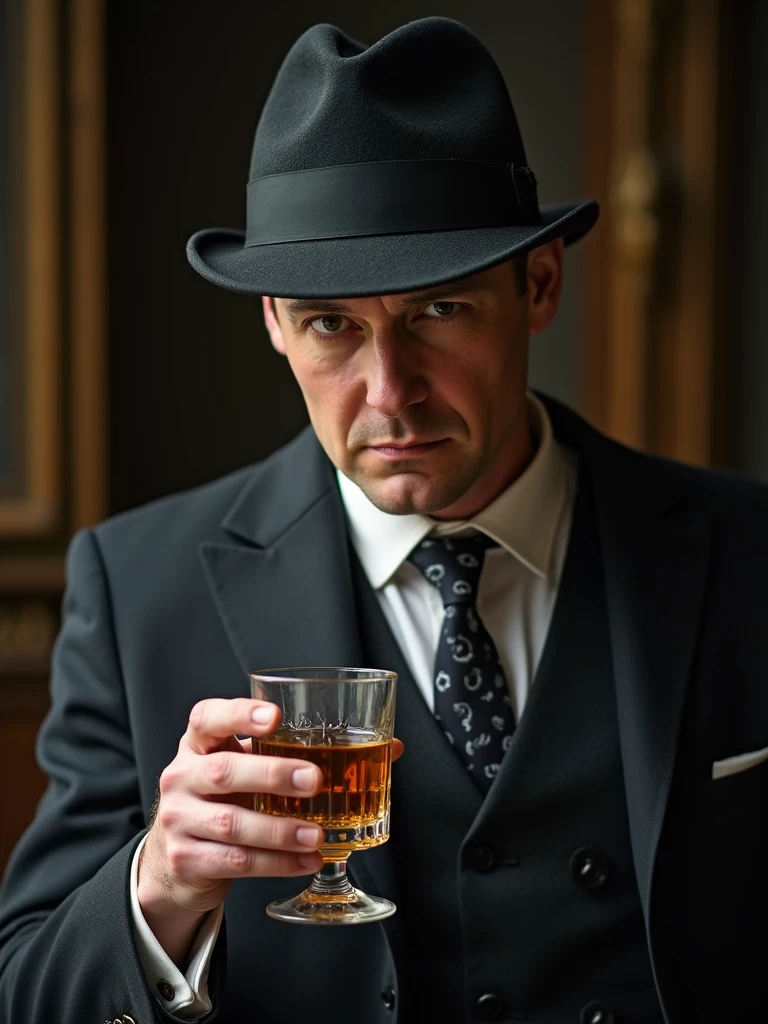 person looks like he's in the series Peaky Blinders, wearing a sharp suit and an eight-blade cap, holds a glass of whiskey, close-up, front view, looking straight ahead.