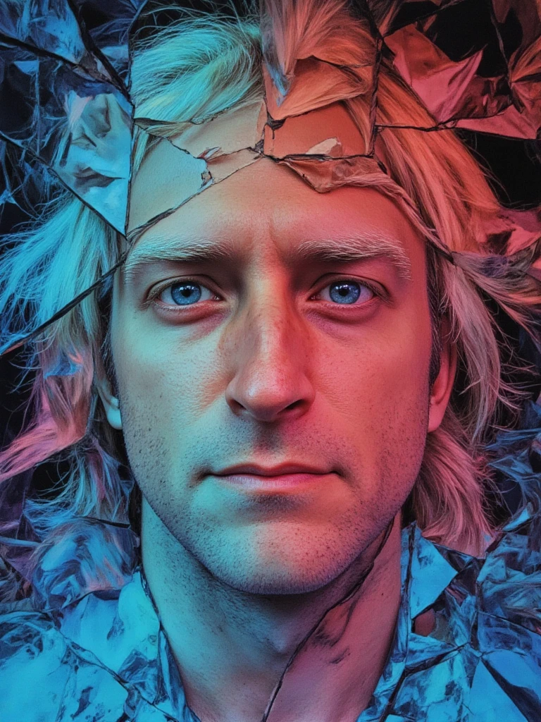 person  furrowed brow and contemplative eyes, immersed in a fragmented mirror maze, where each reflection shows a different emotion, geometric patterns breaking the continuity of space, vibrant blues and reds contrasting sharply