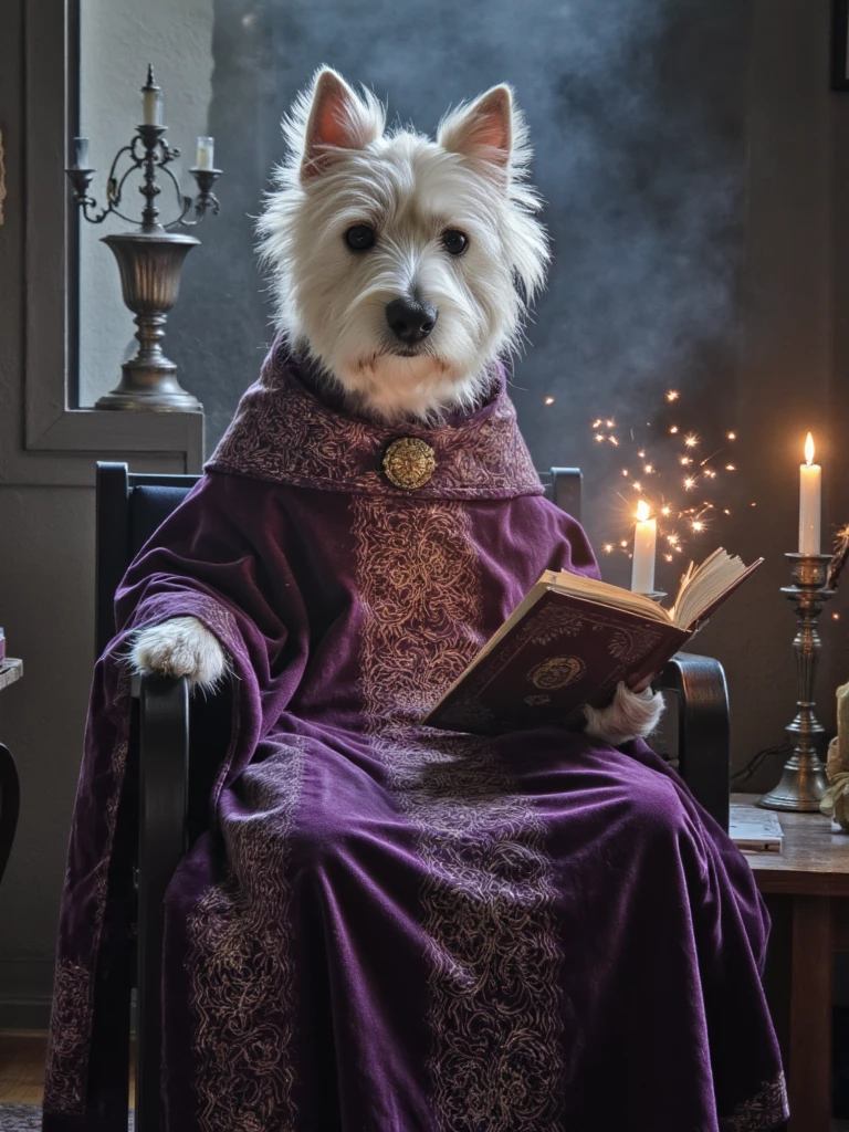 fantasy portrait dog a mystical dog wizard with illustrious velvet robes, enchanted staff, and an ancient spell book. Add magical sparks floating around their paws and a wise, knowing expression, cinematic backdrop