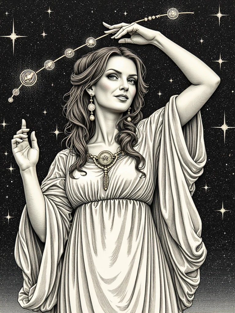 Mystical illustration of person with one of her hands reaching out, parting the cosmic veil, Victorian engraving style, fine detailed linework, astronomical symbols, cosmic mechanics, ethereal light beams, curious expression