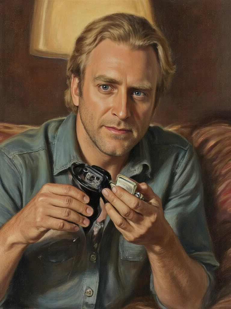 person with television remote, living room setting, casual elegance, entertained expression, electronic leisure advertisement