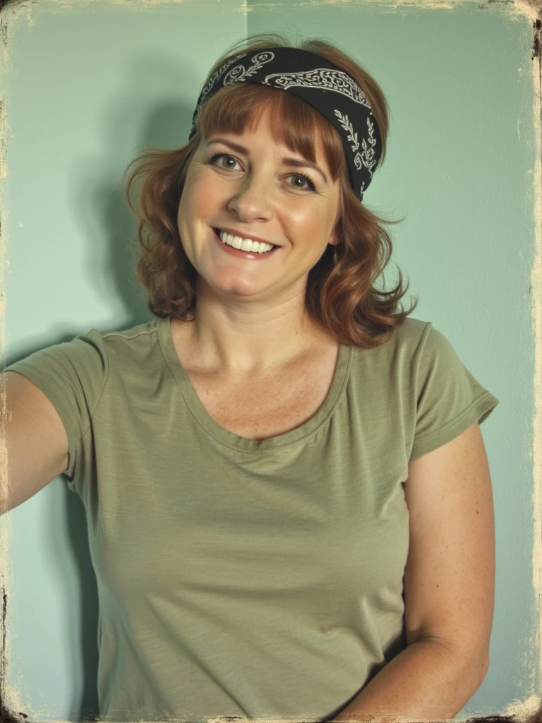 old and weathered polaroid portrait of person, vintage retro. she is wearing a black bandana as a headband. she is wearing a sage green shirt and is leaning against a baby blue wall while smiling at the viewer

