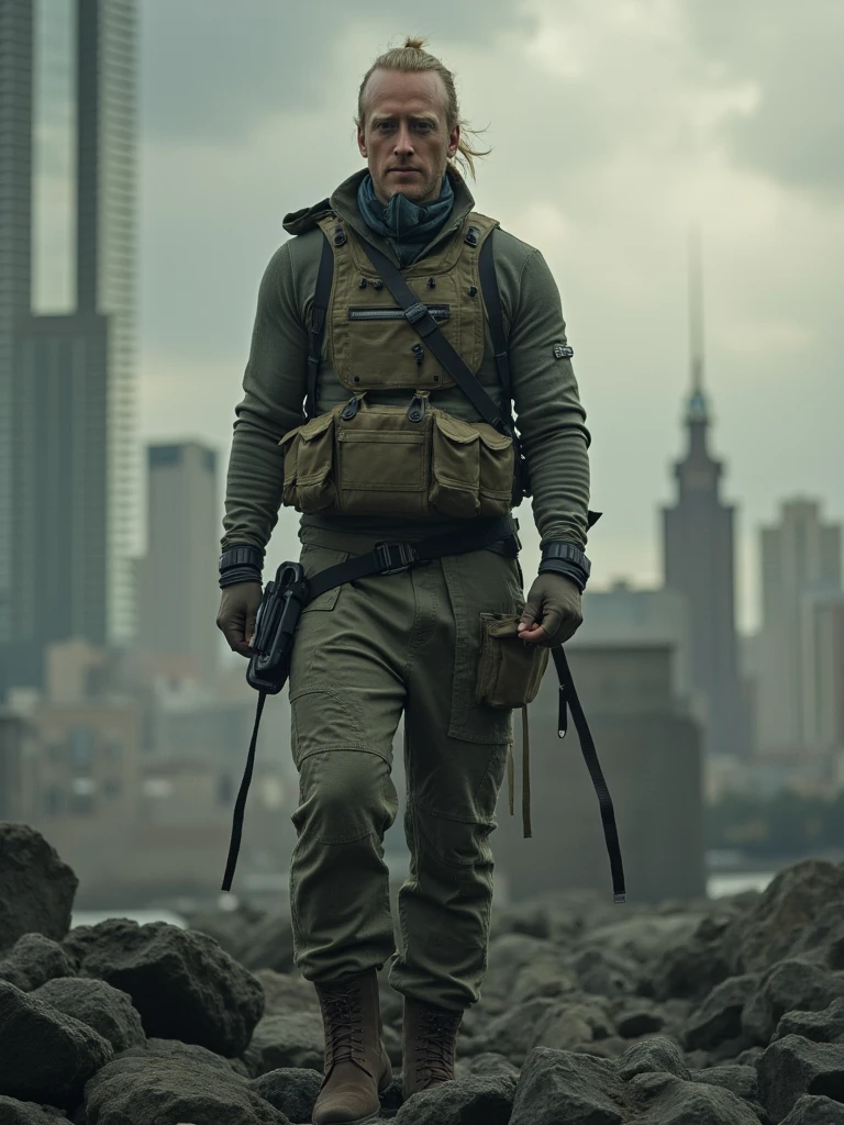 Post-apocalyptic photograph of person as a wasteland explorer, tattered tactical gear, dust mask around his neck, standing atop ruined skyscrapers, dramatic storm clouds, cinematic lighting