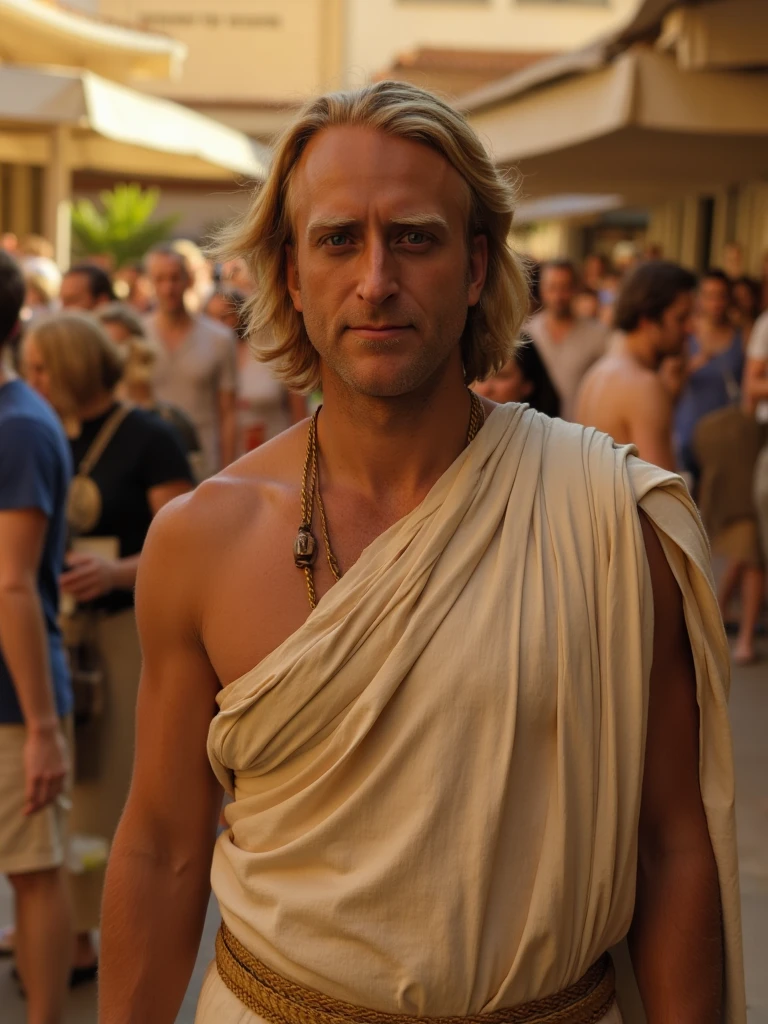 Cinematic portrait shot of person in a rumpled toga with a golden rope belt, his hair tousled by breeze, glowing golden hour lighting, ancient Athenian market with pottery vendors and bronze artisans visible nearby