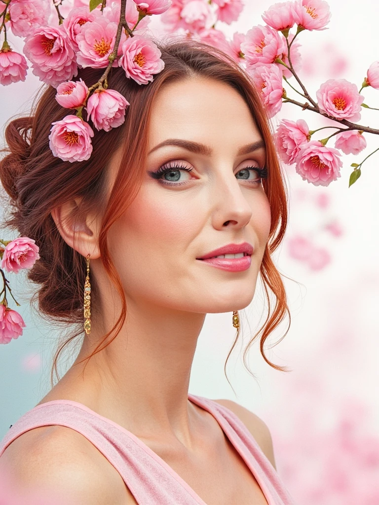 Watercolor painting of person in a blooming cherry blossom garden, soft pastel colors, delicate brushstrokes, serene expression, detailed face with gentle lighting