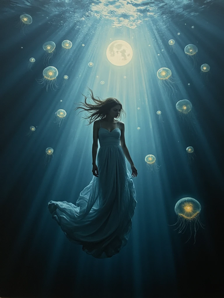 Surreal oil painting of a person floating through a misty underwater realm. Luminescent jellyfish dance around her, casting a dreamlike glow.  Moonlight filters from the surface, creating ethereal shadows. Mysterious and tranquil. Chiaroscuro, ethereal ambiance, deep sea mystique, high detail.