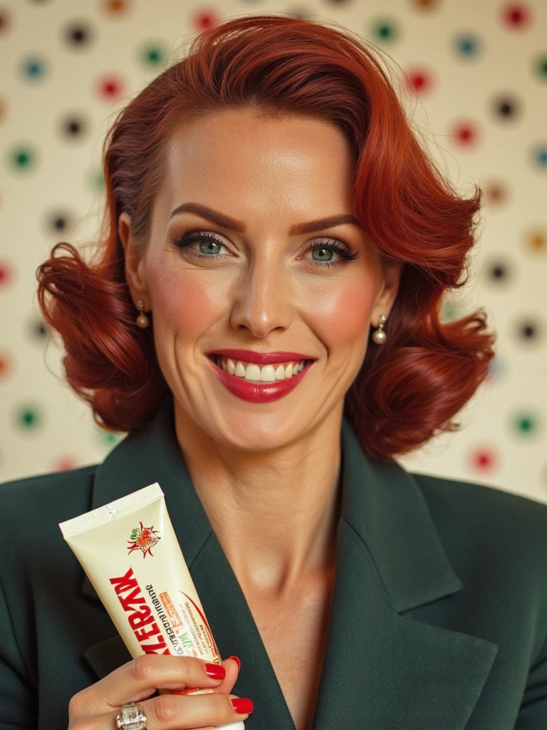 vintage 1950s advertisement, person smiling with perfect teeth, 50s haircut. long flowing hair, holding a tube of toothpaste, bright technicolor palette, polka dot background, perfectly coiffed hair, crisp suit, American dream aesthetic, commercial photography style, saturated colors, clean-cut appearance, propaganda-like optimism. the toothpaste says "veltkamp" on it