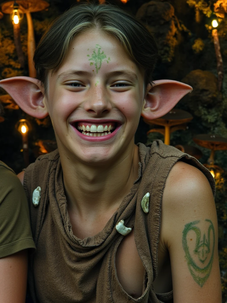 person with greenish-gray wrinkled skin, pointed ears, and a crooked grin revealing small pointed teeth. Large bulbous nose, beady yellow eyes that gleam with mischief, and sparse tufts of dark hair sprouting wildly atop the head. Wearing tattered leather armor with crude metal embellishments and bone trinkets. Standing in a dimly lit cave filled with glittering hoarded treasures, mushrooms glowing faintly in the background. Holding a crude dagger, hunched posture, face clearly visible to camera.