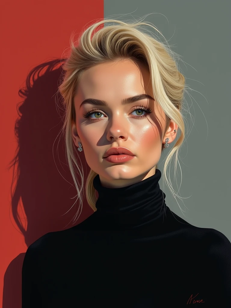 A confident blonde person with striking eyes and a contemplative expression, sharp jawline and tousled dark hair swept back, wearing a minimalist black turtleneck against a stark geometric background split between deep crimson and cool slate gray, bold graphic shapes framing the composition, high contrast lighting casting dramatic shadows across one side of the face, clean lines and stylized realism blending painterly brushstrokes with precise vector-like edges, subtle texture suggesting mixed media collage elements, the gaze direct and magnetic, photorealistic skin tones with an artistic edge