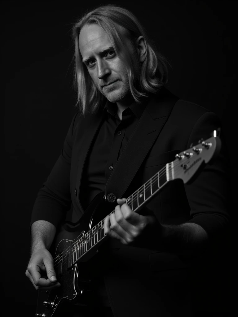Studio portrait of person playing the guitar, dramatic lighting, black and white photography, intense focus, artistic shadows, professional musician vibe, minimalist setting