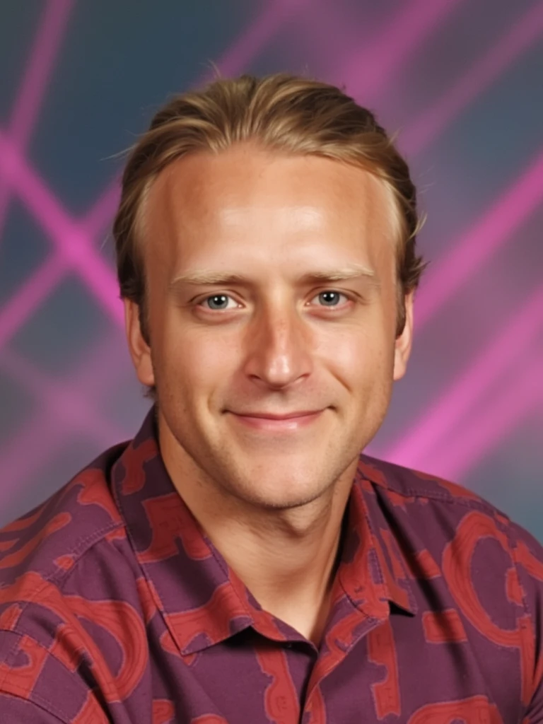 A school photo from the 1990s shows person with blue eyes, against a laser background., smiling for the camera, wearing a red and purple patterned shirt, pink laser beams behind him. This appears to be a picture taken on the 8th-grade picture day at a middle school., with laser beams shining from the background.